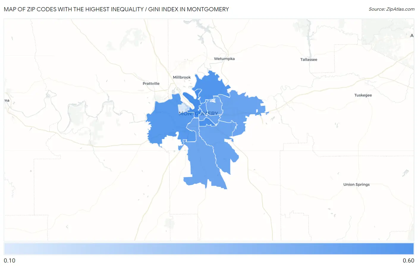 Zip Codes with the Highest Inequality / Gini Index in Montgomery Map