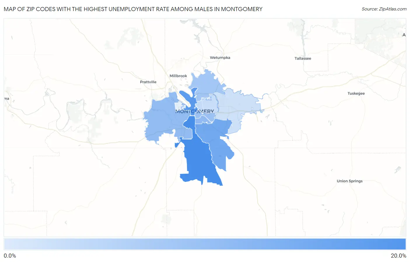 Zip Codes with the Highest Unemployment Rate Among Males in Montgomery Map