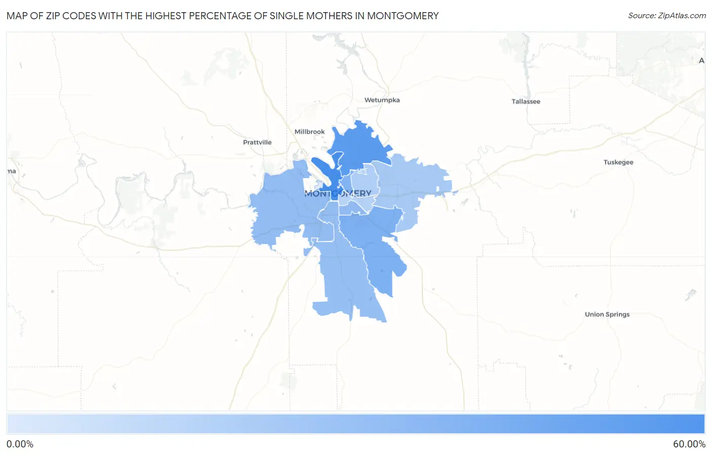 Zip Codes with the Highest Percentage of Single Mothers in Montgomery Map