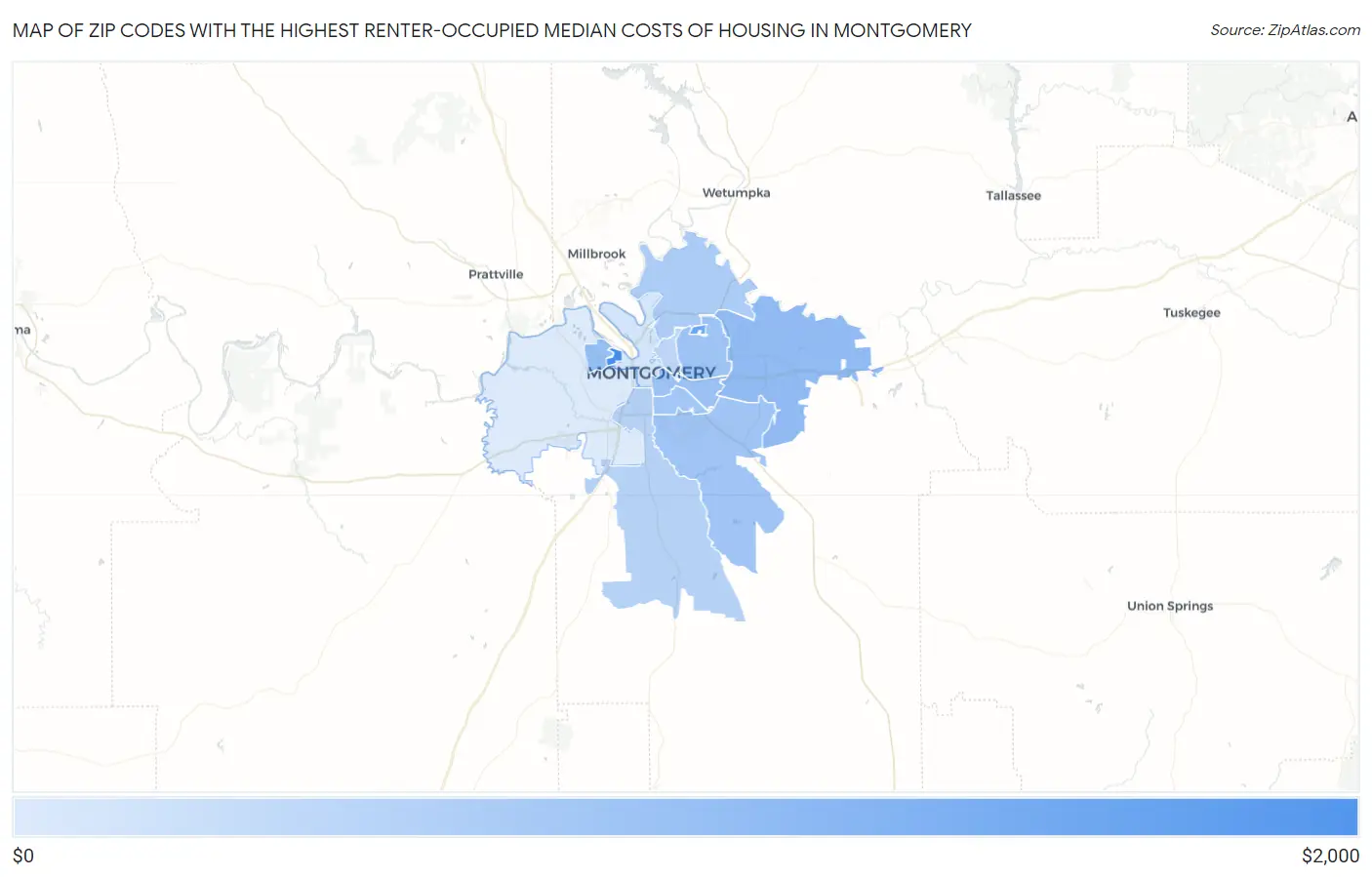 Zip Codes with the Highest Renter-Occupied Median Costs of Housing in Montgomery Map