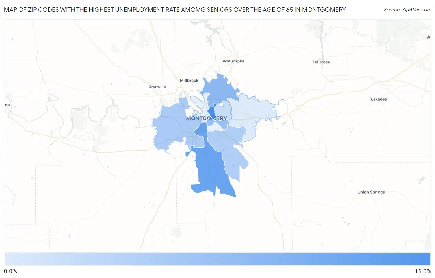Zip Codes with the Highest Unemployment Rate Amomg Seniors Over the Age of 65 in Montgomery Map