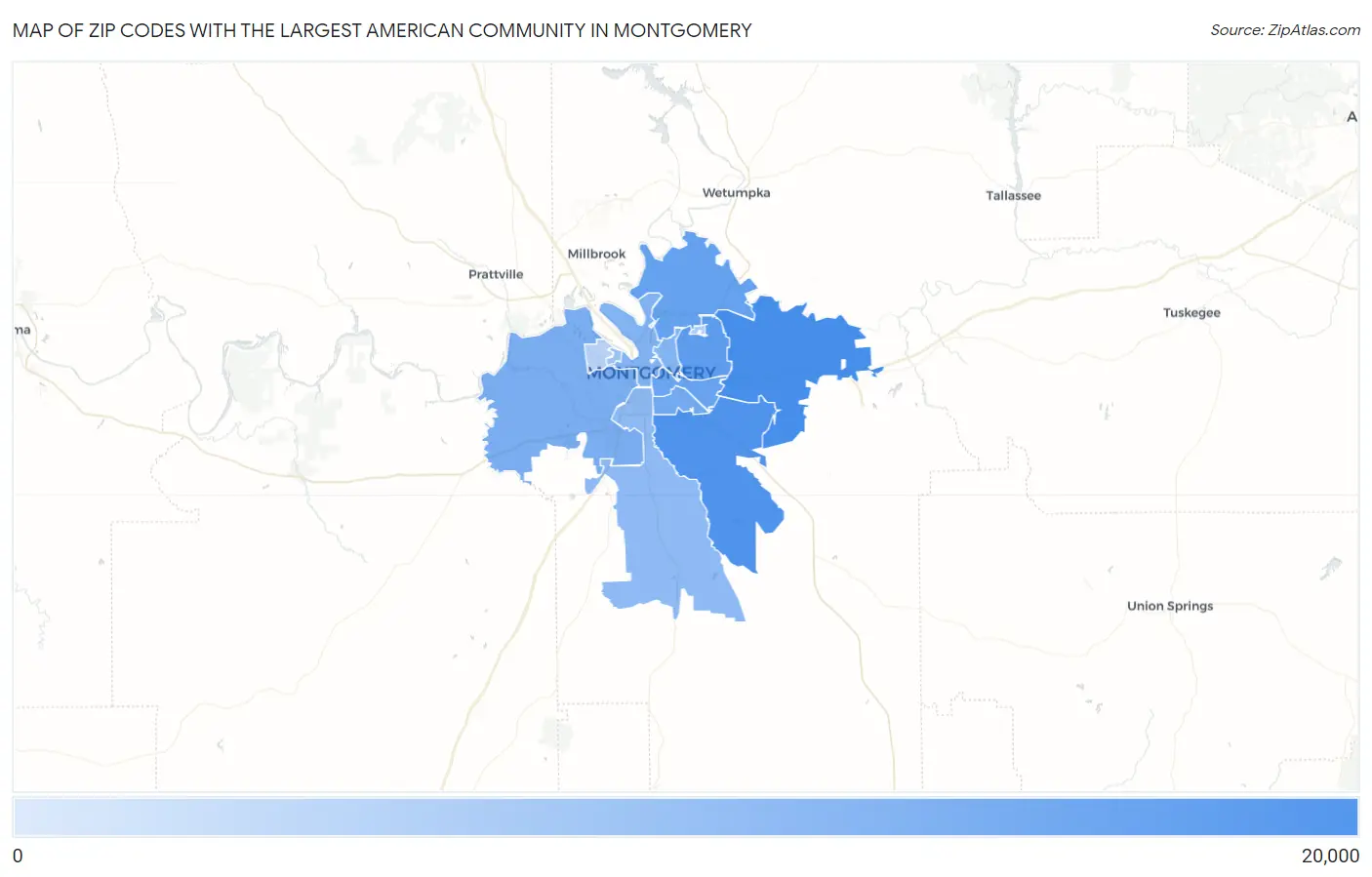 Zip Codes with the Largest American Community in Montgomery Map