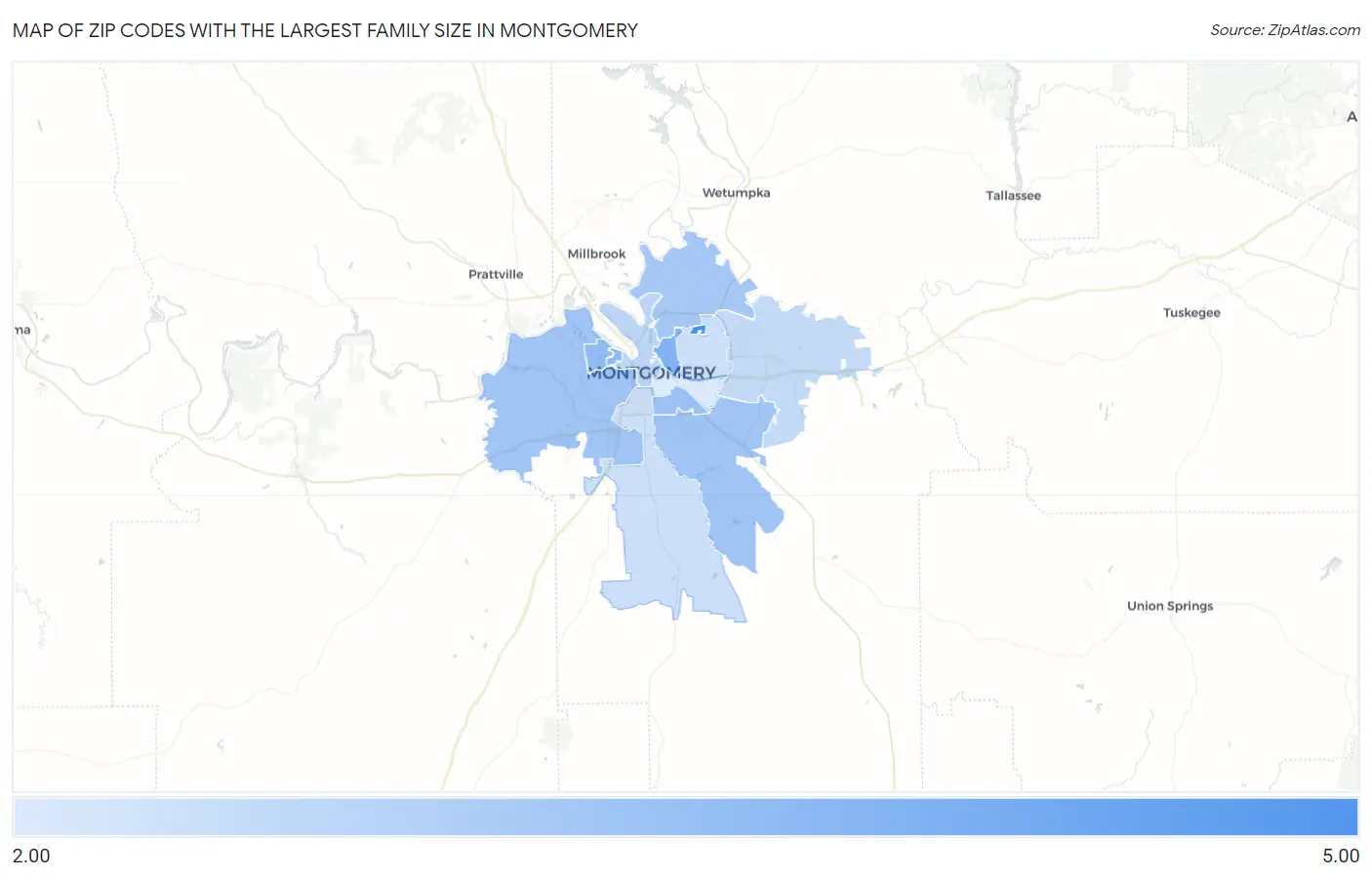 Zip Codes with the Largest Family Size in Montgomery Map