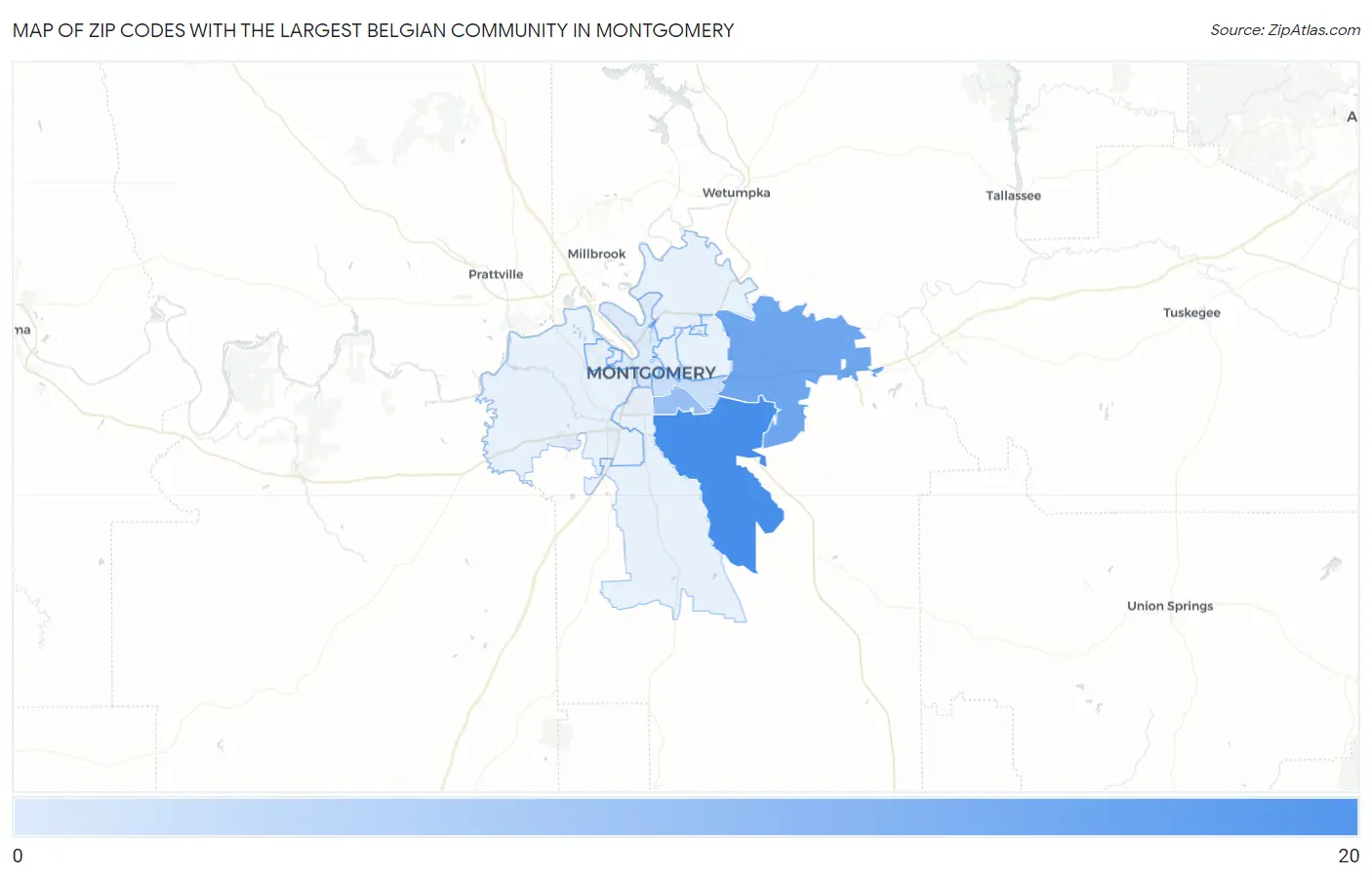 Zip Codes with the Largest Belgian Community in Montgomery Map