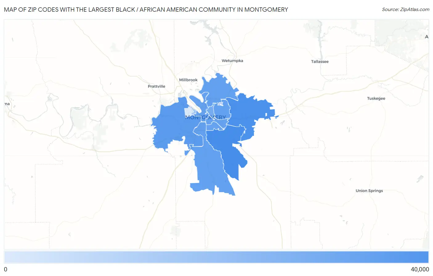 Zip Codes with the Largest Black / African American Community in Montgomery Map