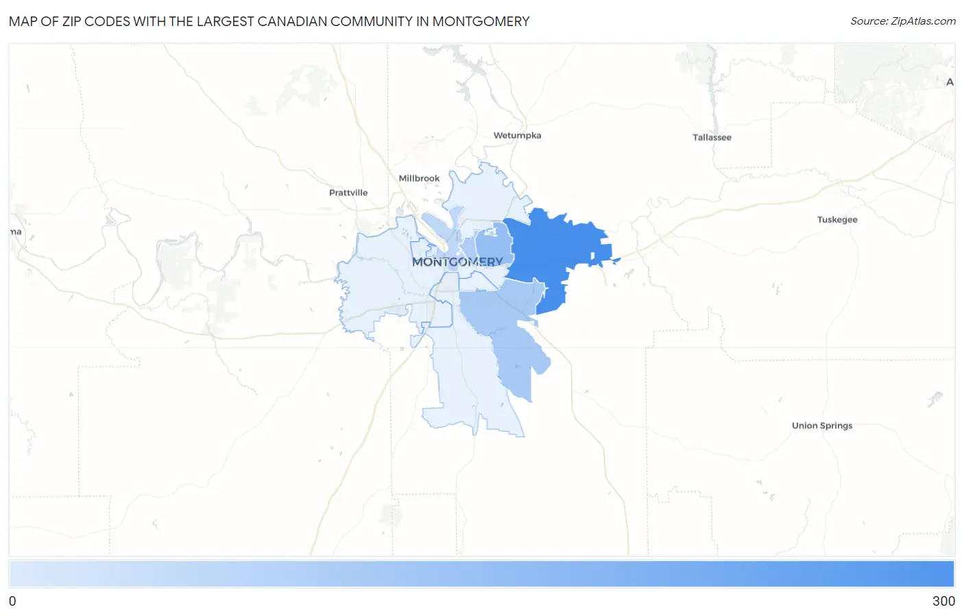 Zip Codes with the Largest Canadian Community in Montgomery Map