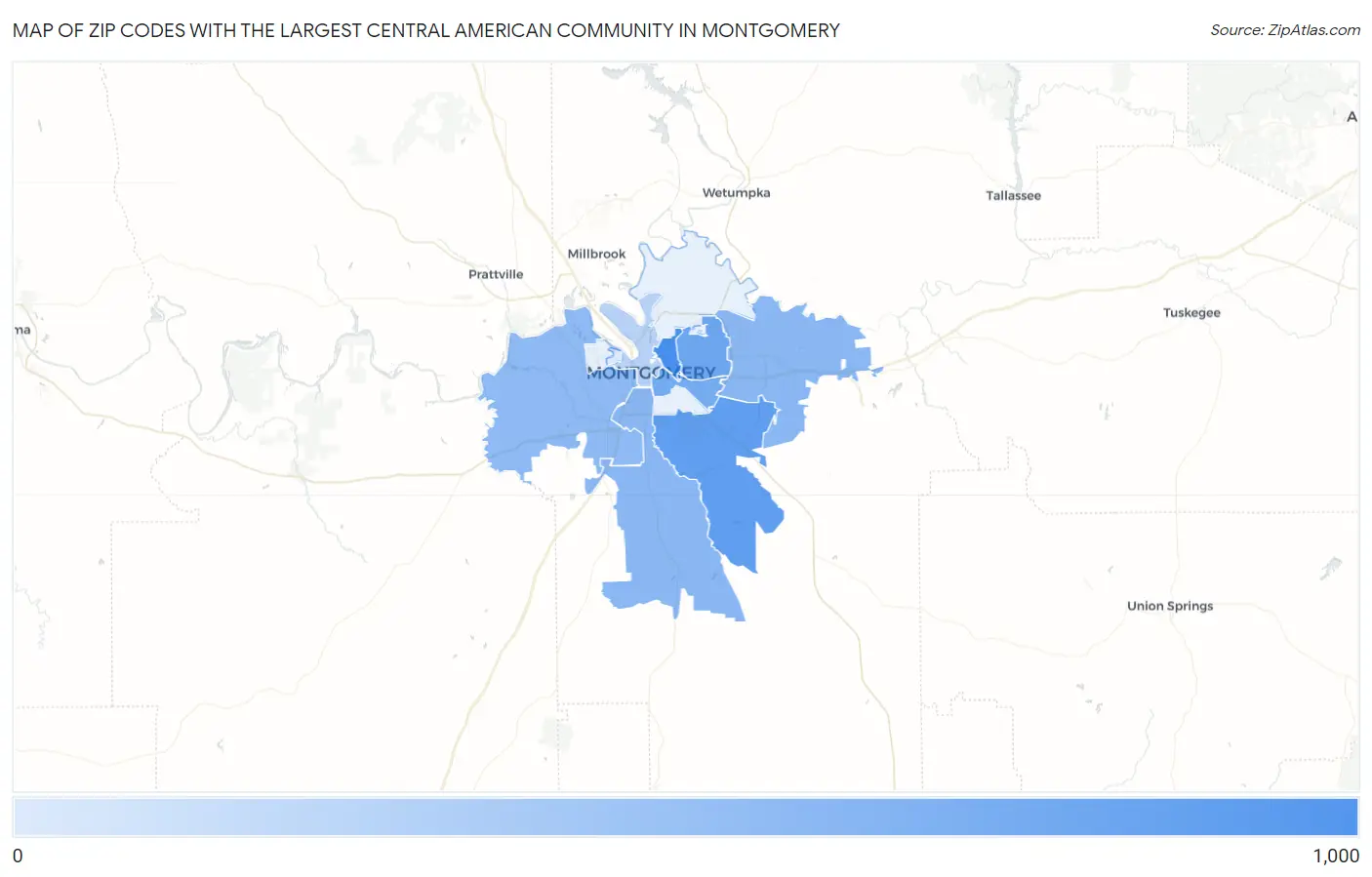 Zip Codes with the Largest Central American Community in Montgomery Map