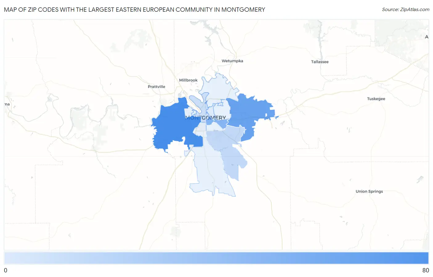 Zip Codes with the Largest Eastern European Community in Montgomery Map