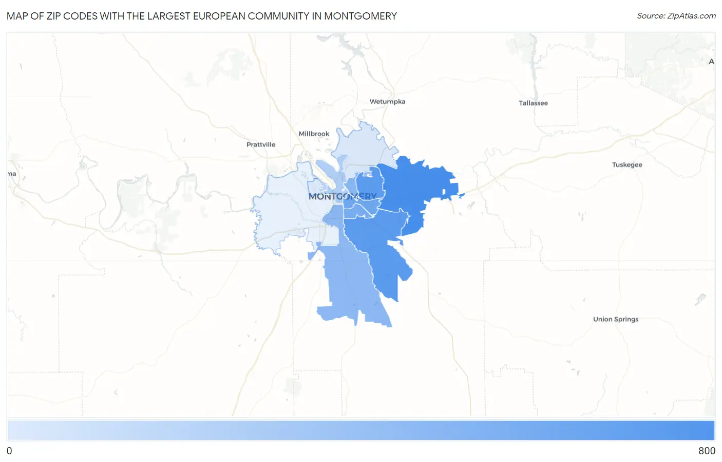 Zip Codes with the Largest European Community in Montgomery Map