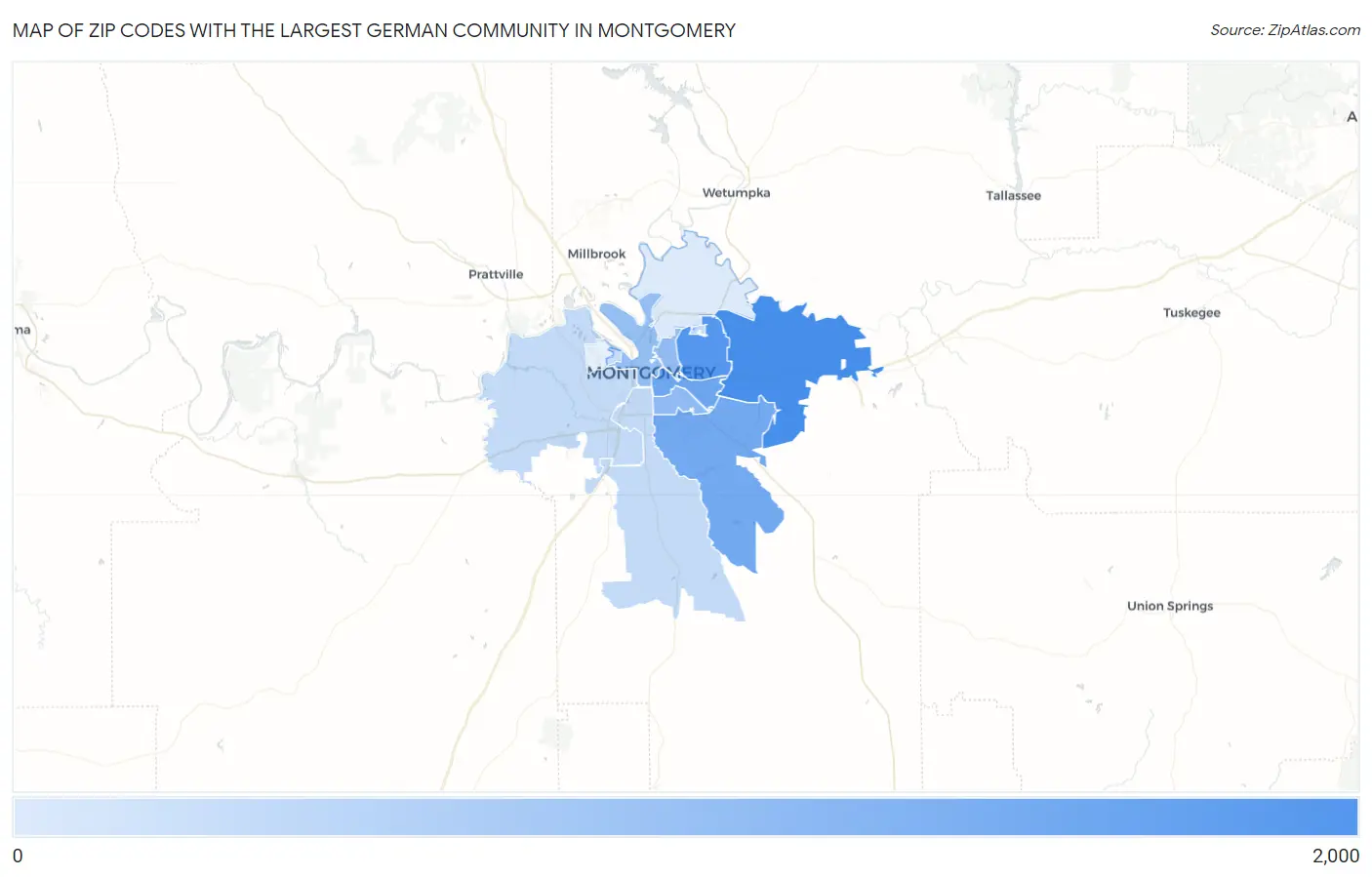 Zip Codes with the Largest German Community in Montgomery Map