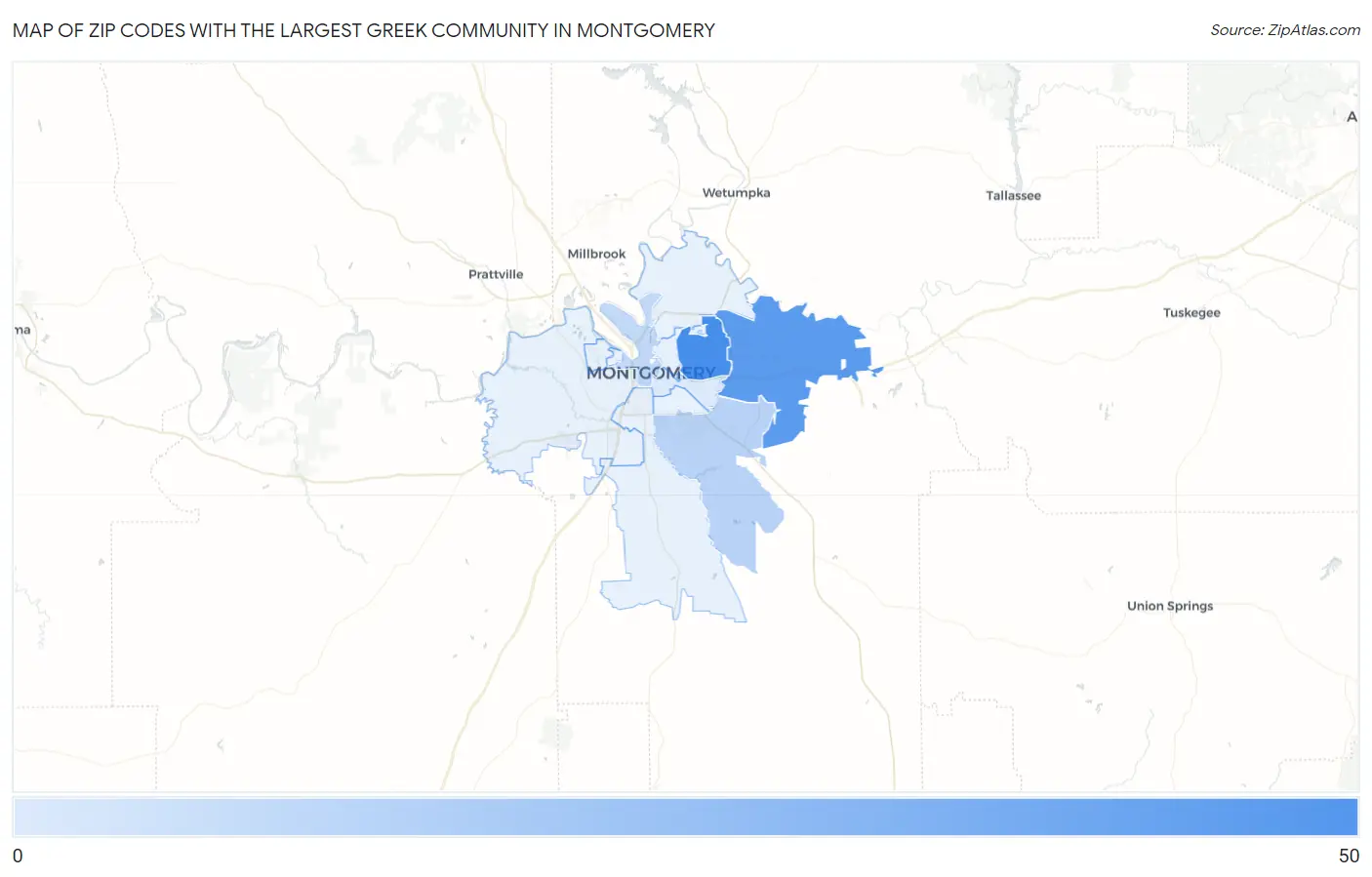 Zip Codes with the Largest Greek Community in Montgomery Map