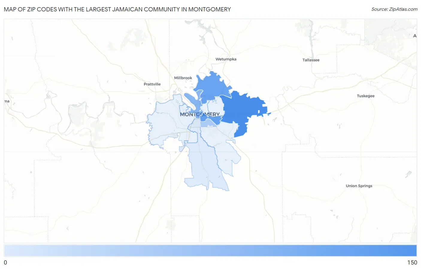 Zip Codes with the Largest Jamaican Community in Montgomery Map