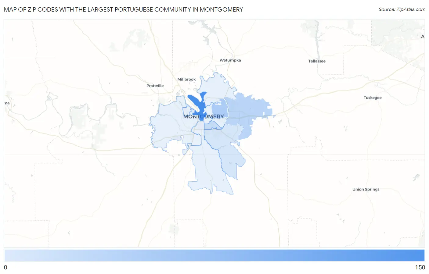 Zip Codes with the Largest Portuguese Community in Montgomery Map
