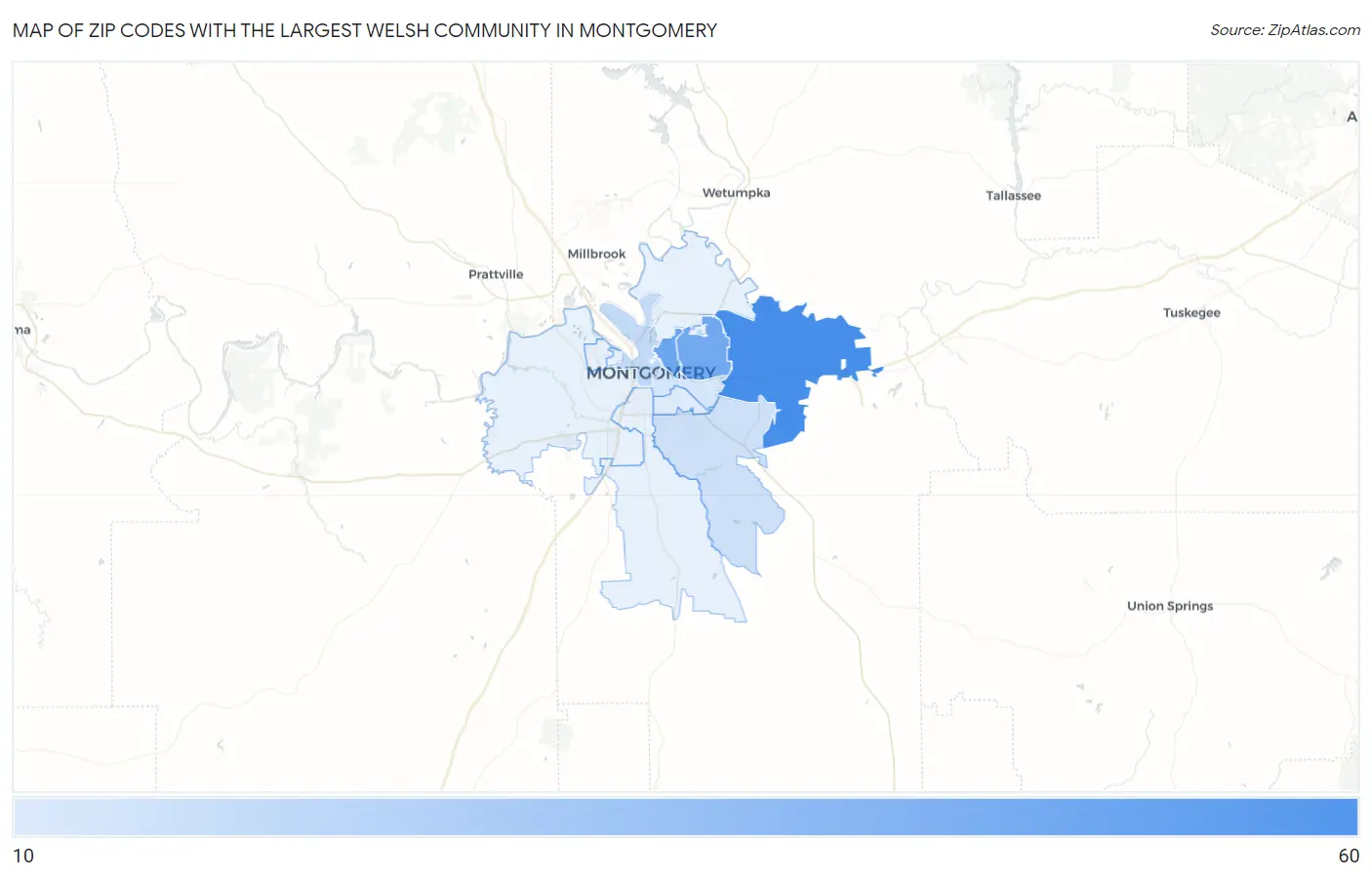 Zip Codes with the Largest Welsh Community in Montgomery Map