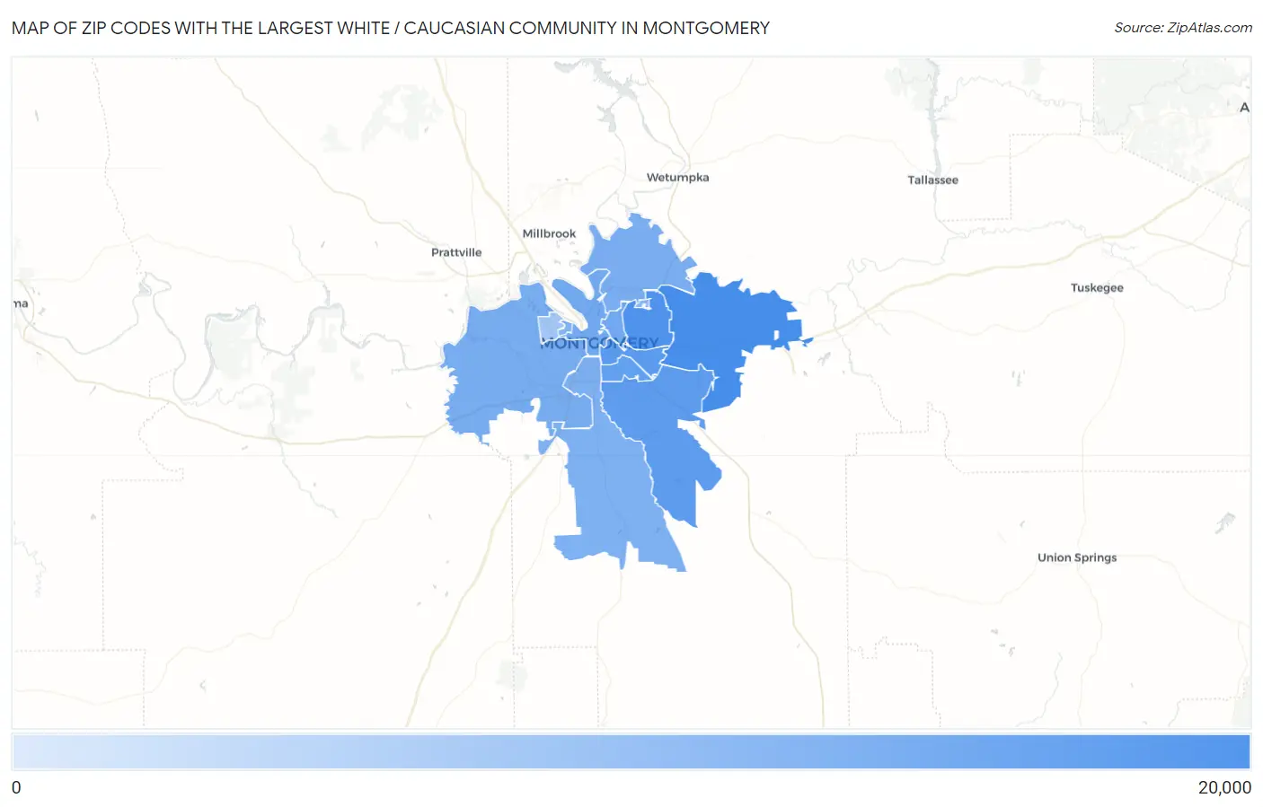 Zip Codes with the Largest White / Caucasian Community in Montgomery Map