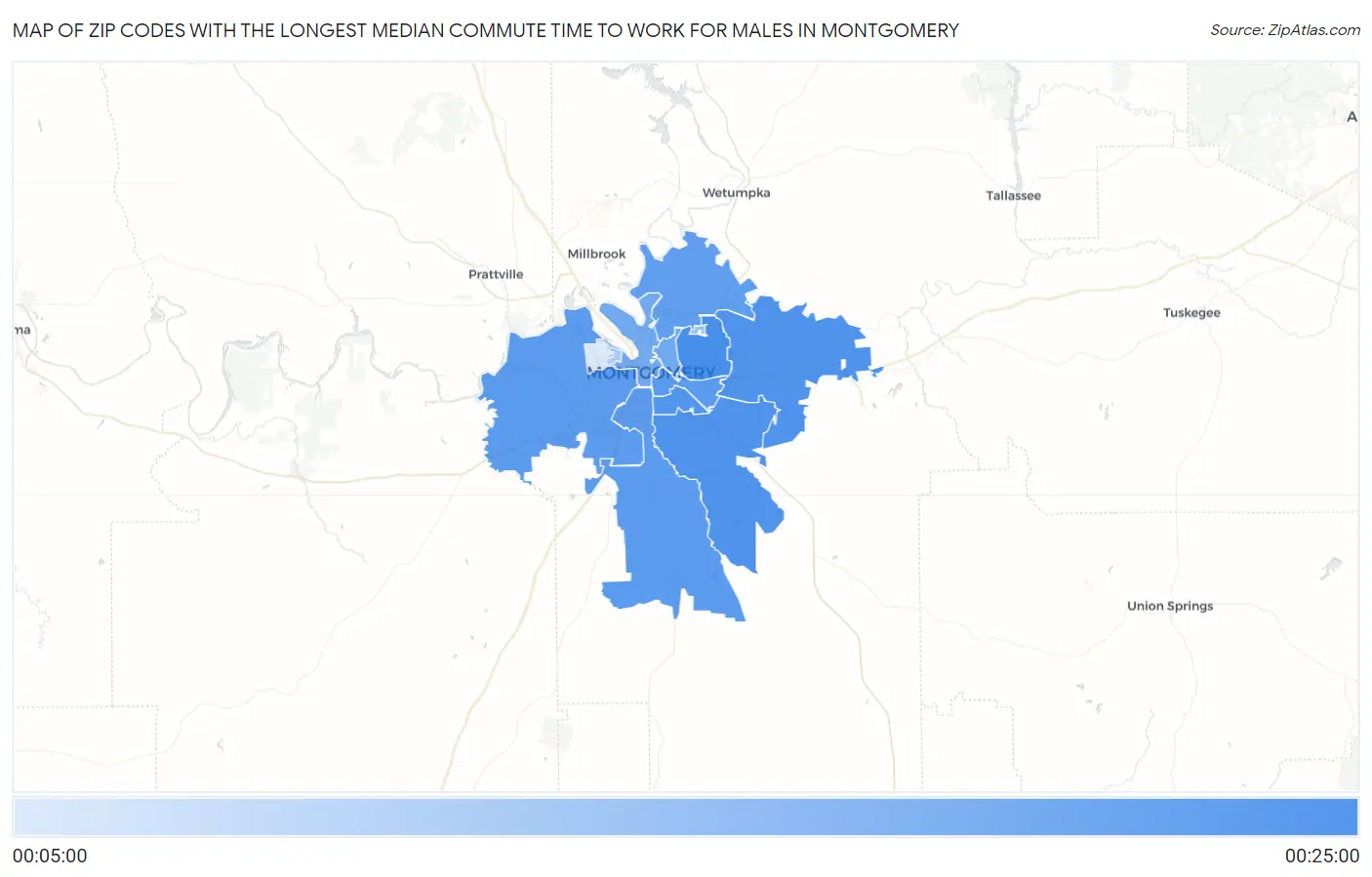 Zip Codes with the Longest Median Commute Time to Work for Males in Montgomery Map