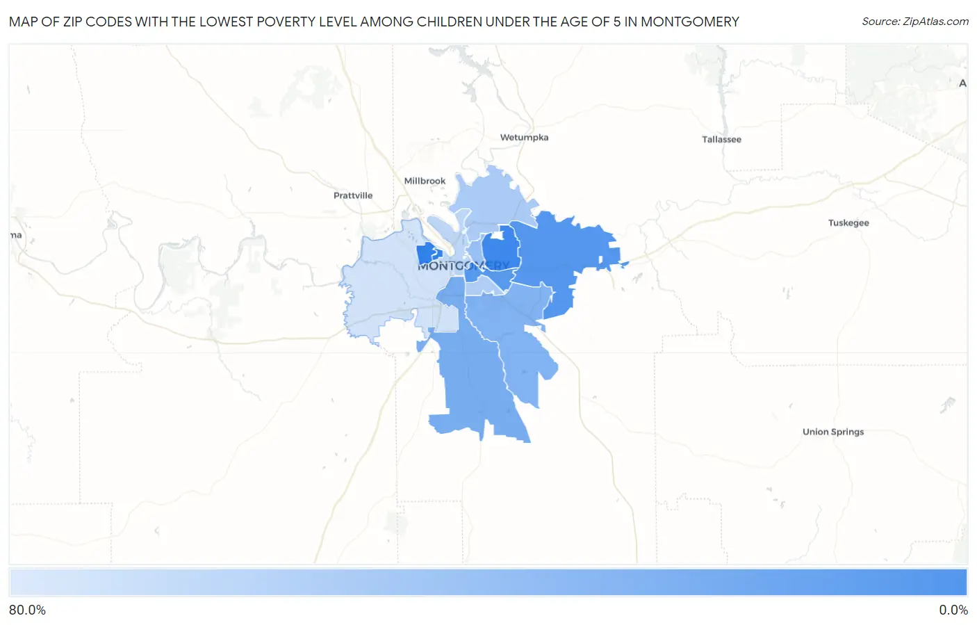 Zip Codes with the Lowest Poverty Level Among Children Under the Age of 5 in Montgomery Map