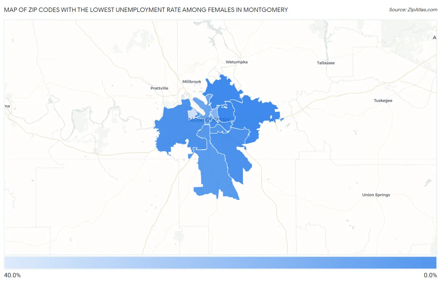 Zip Codes with the Lowest Unemployment Rate Among Females in Montgomery Map