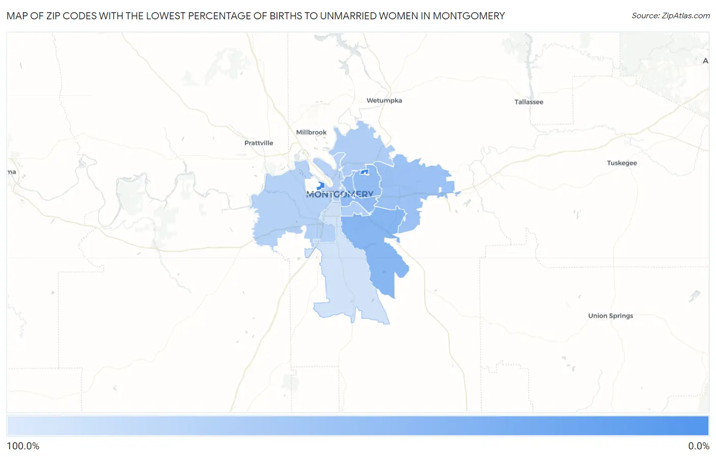 Zip Codes with the Lowest Percentage of Births to Unmarried Women in Montgomery Map