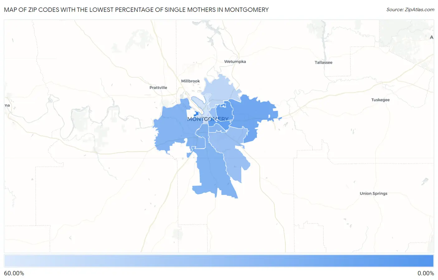 Zip Codes with the Lowest Percentage of Single Mothers in Montgomery Map