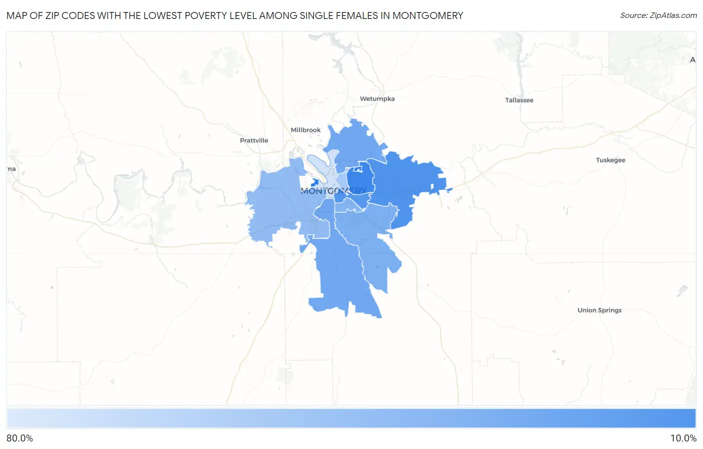 Zip Codes with the Lowest Poverty Level Among Single Females in Montgomery Map