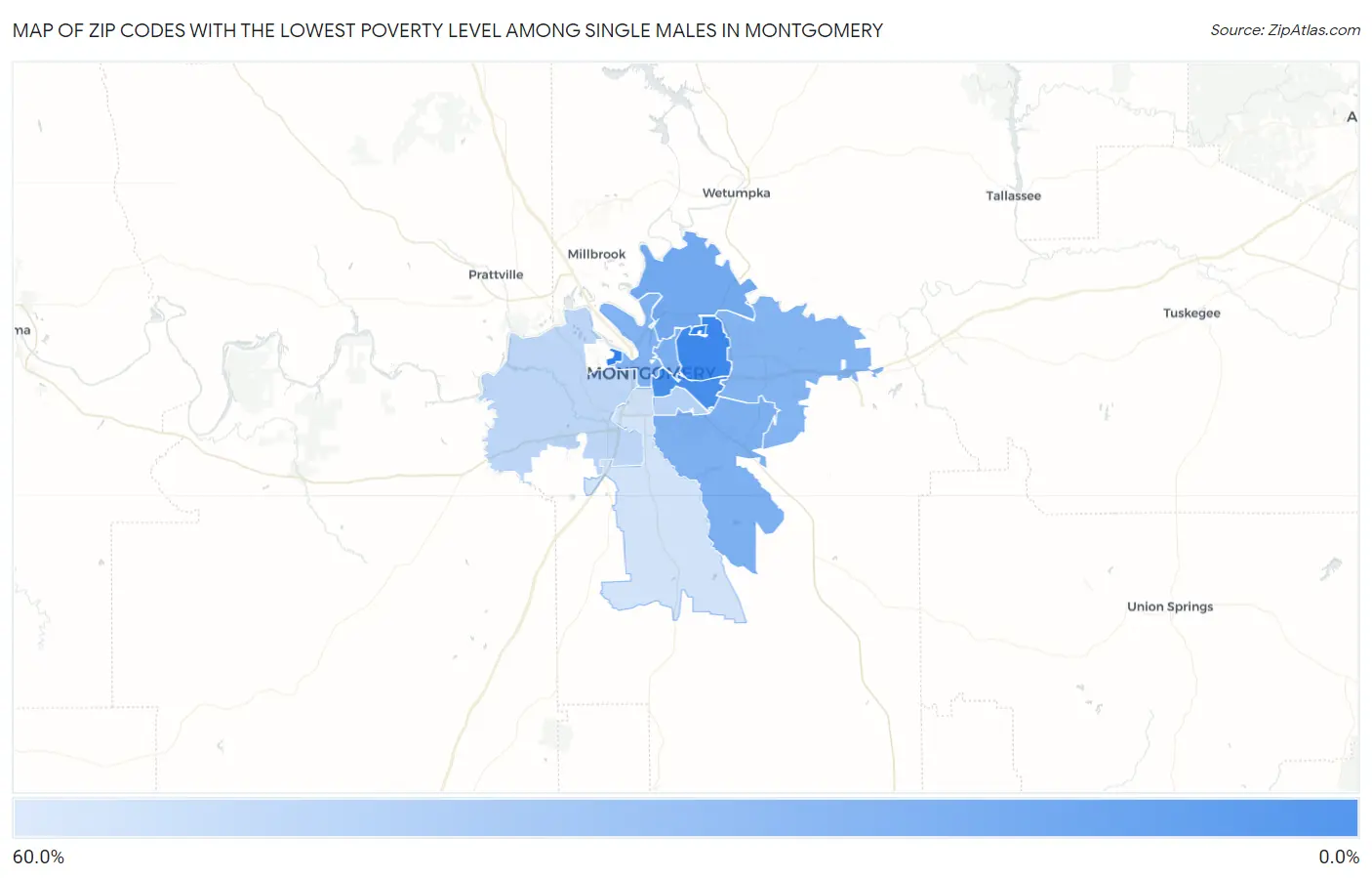 Zip Codes with the Lowest Poverty Level Among Single Males in Montgomery Map