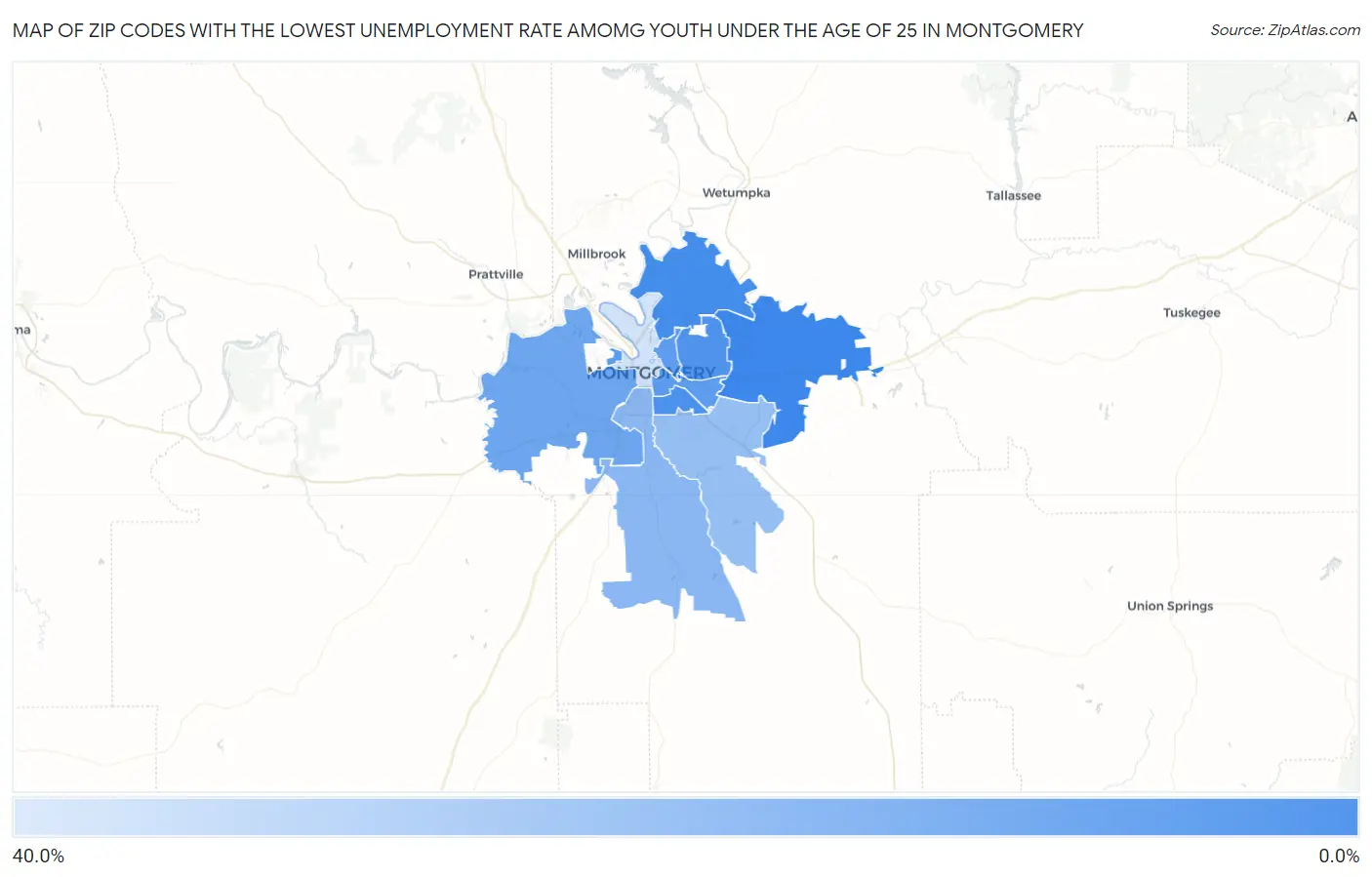 Zip Codes with the Lowest Unemployment Rate Amomg Youth Under the Age of 25 in Montgomery Map