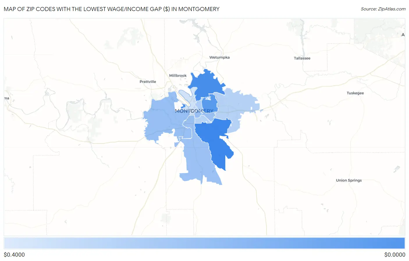 Zip Codes with the Lowest Wage/Income Gap ($) in Montgomery Map