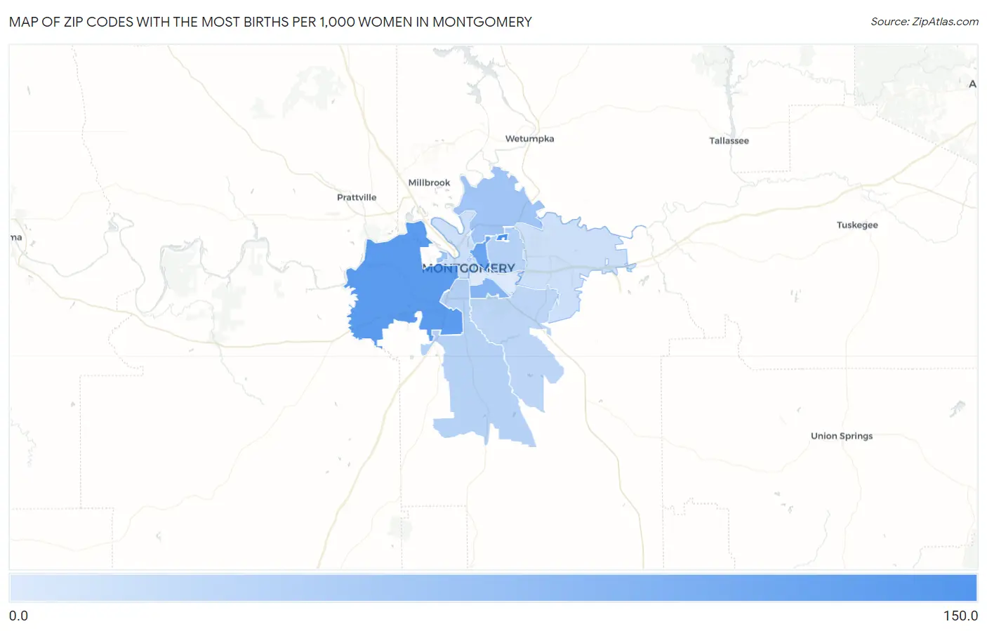 Zip Codes with the Most Births per 1,000 Women in Montgomery Map