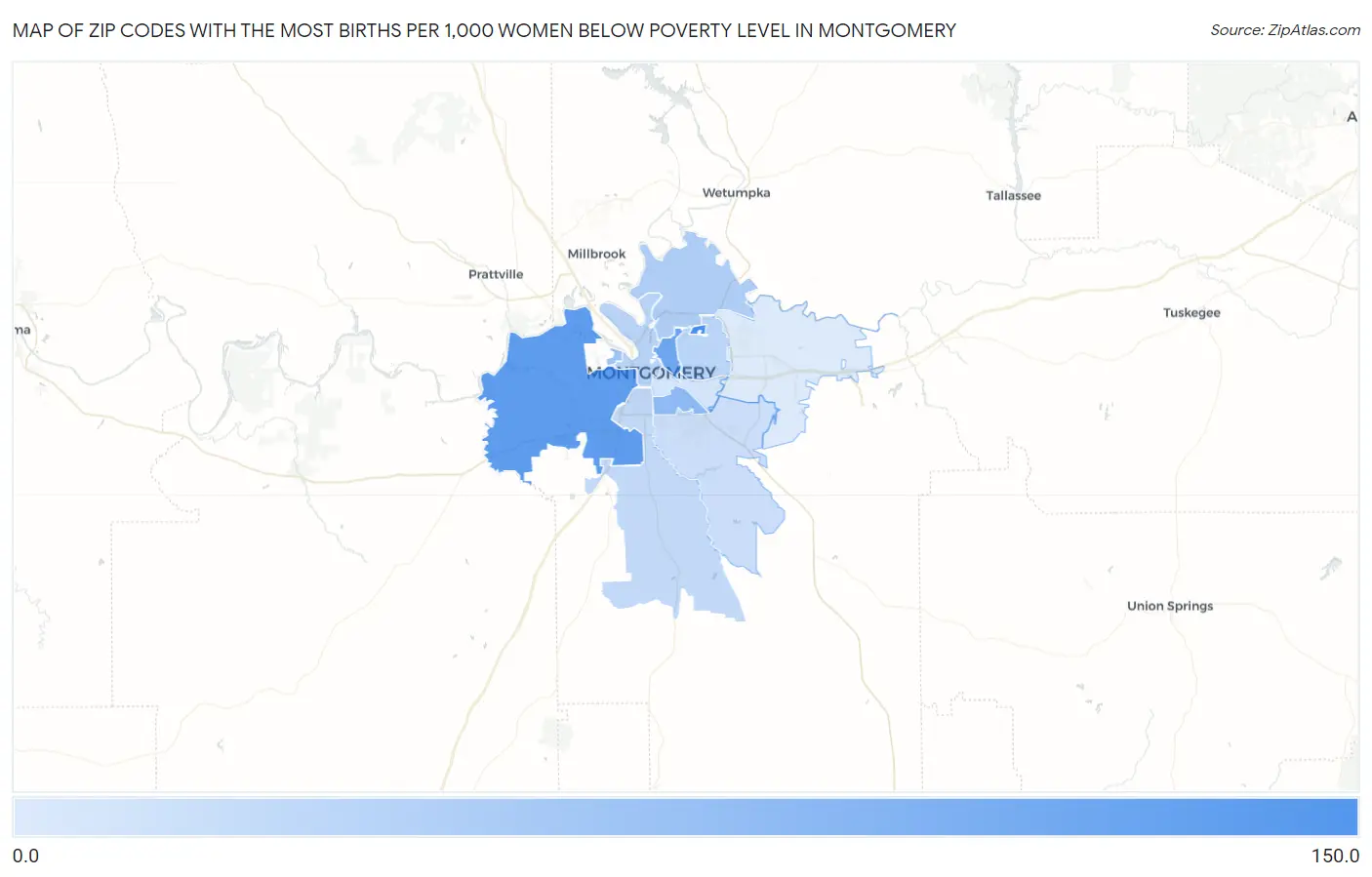 Zip Codes with the Most Births per 1,000 Women Below Poverty Level in Montgomery Map