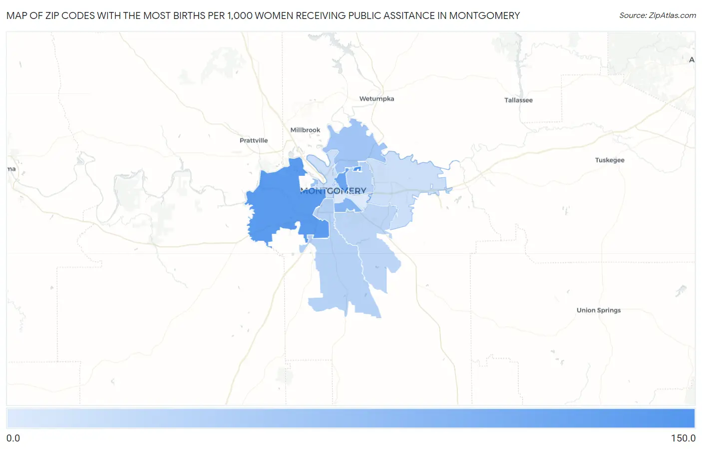 Zip Codes with the Most Births per 1,000 Women Receiving Public Assitance in Montgomery Map