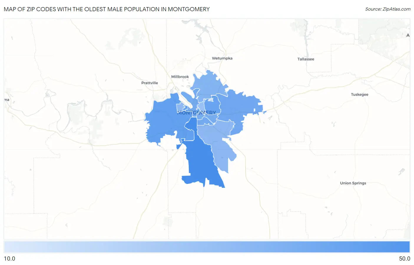 Zip Codes with the Oldest Male Population in Montgomery Map