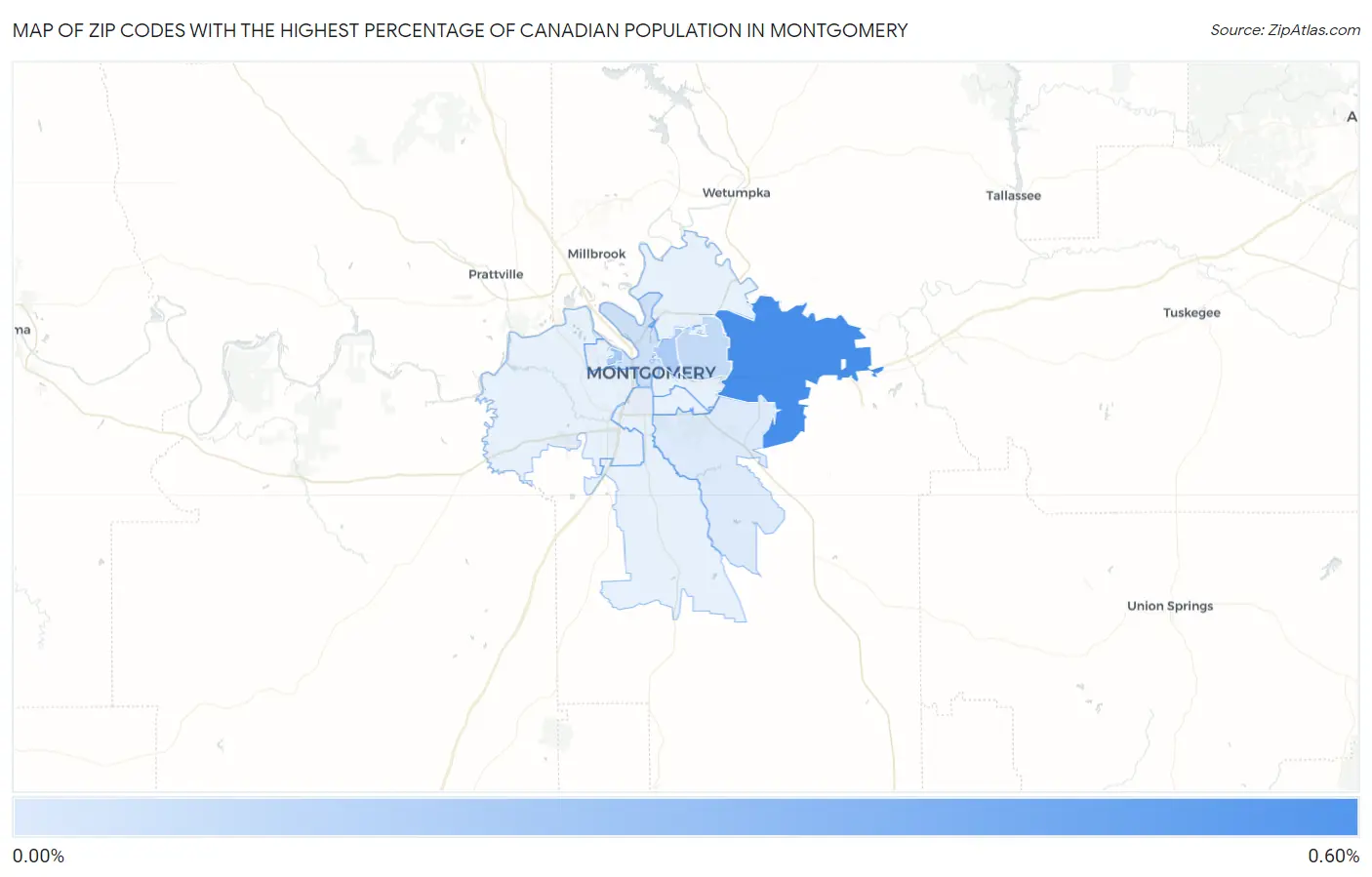 Zip Codes with the Highest Percentage of Canadian Population in Montgomery Map