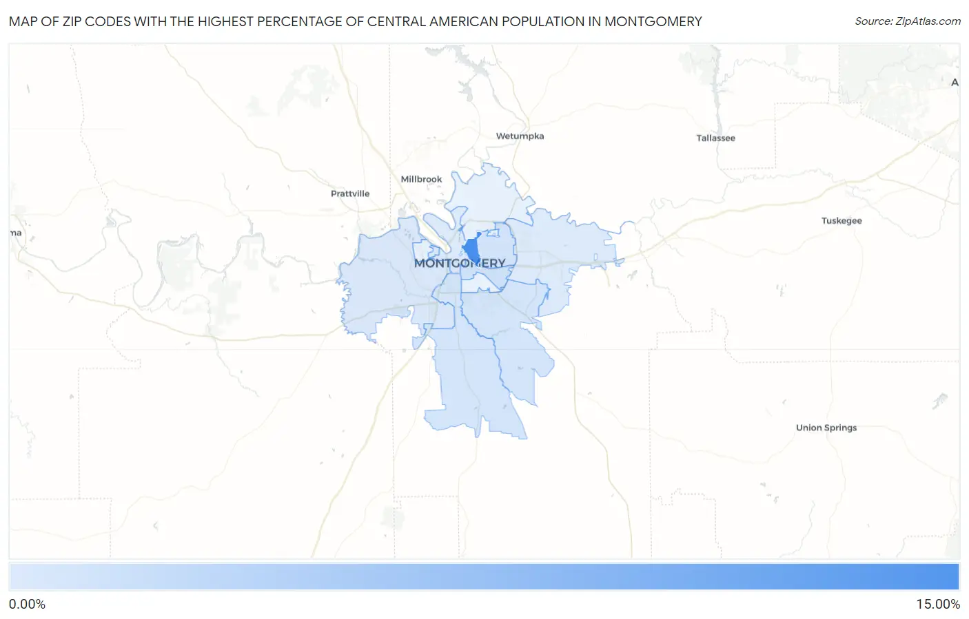 Zip Codes with the Highest Percentage of Central American Population in Montgomery Map