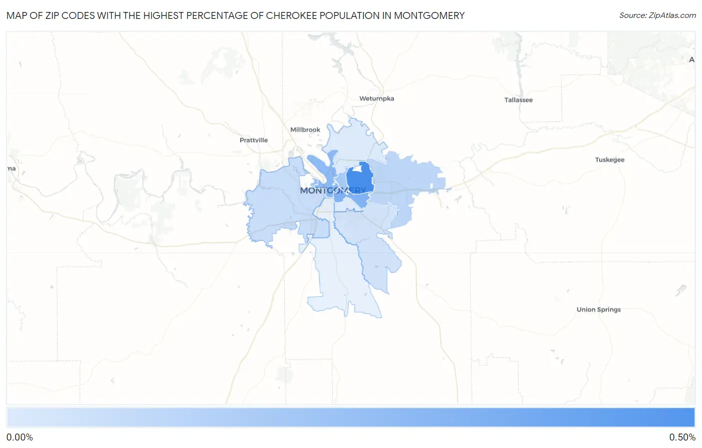 Zip Codes with the Highest Percentage of Cherokee Population in Montgomery Map