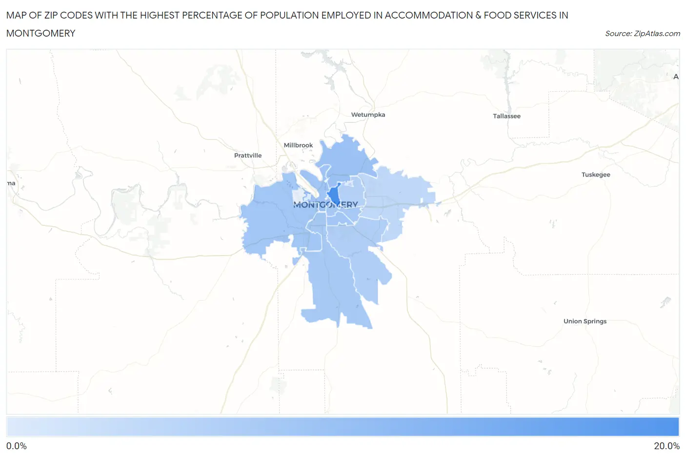 Zip Codes with the Highest Percentage of Population Employed in Accommodation & Food Services in Montgomery Map