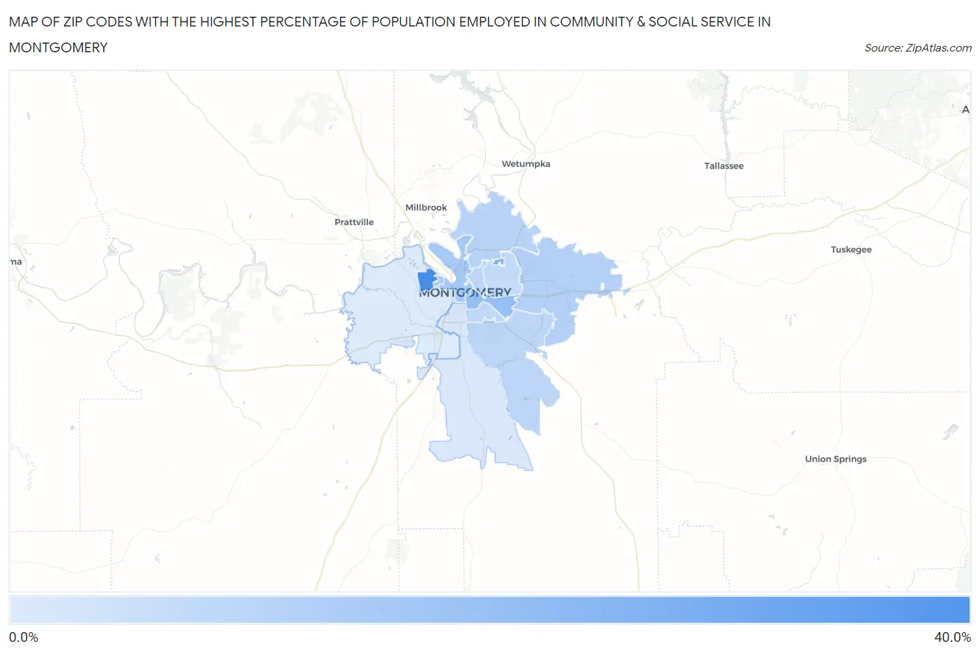 Zip Codes with the Highest Percentage of Population Employed in Community & Social Service  in Montgomery Map