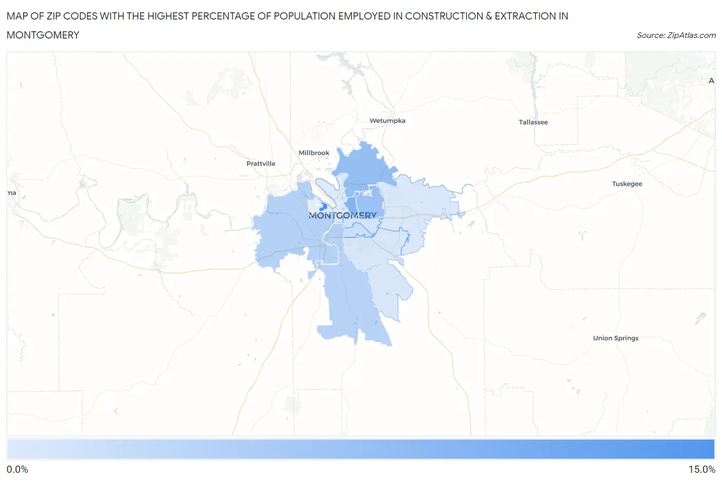 Zip Codes with the Highest Percentage of Population Employed in Construction & Extraction in Montgomery Map