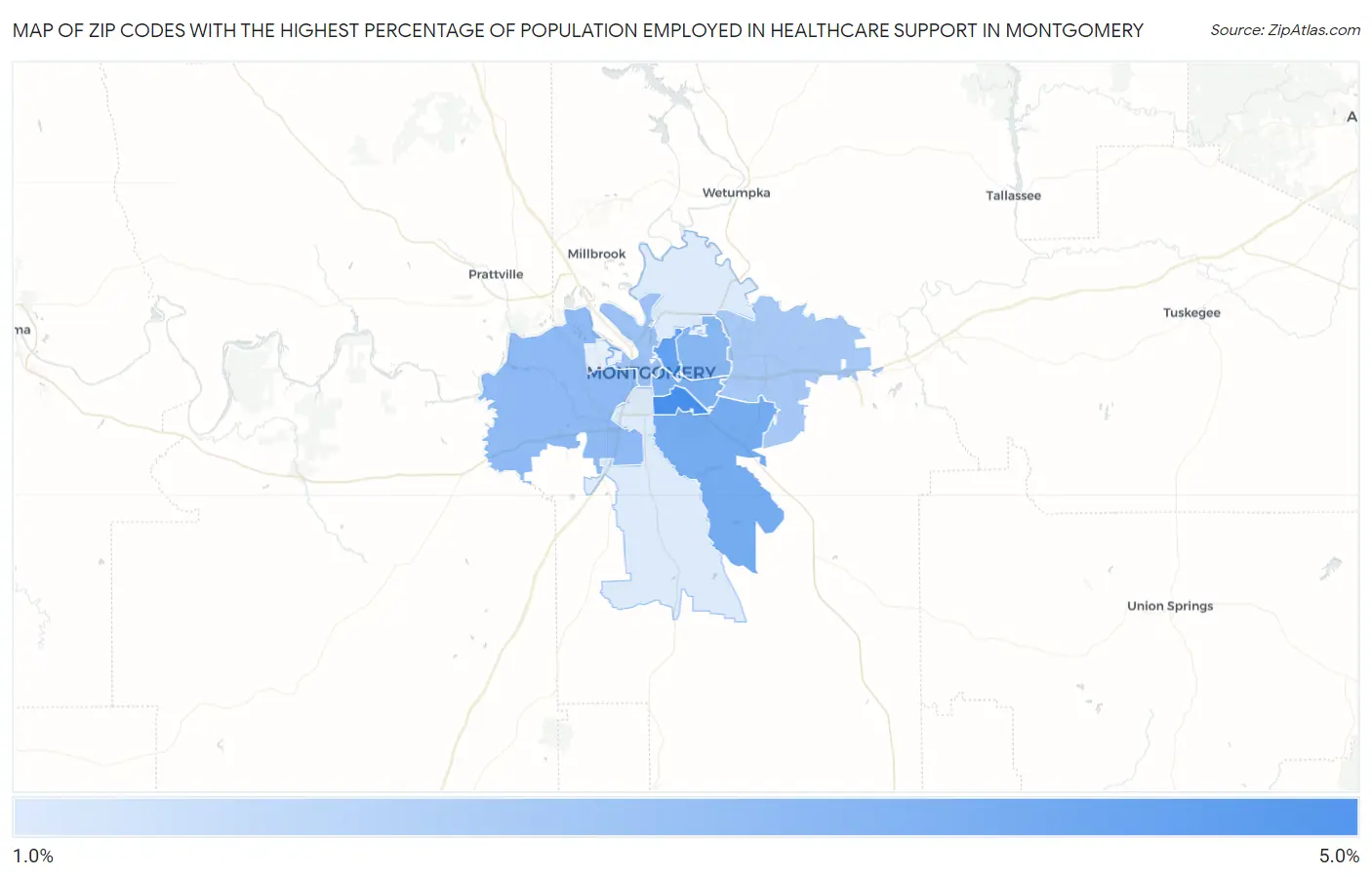 Zip Codes with the Highest Percentage of Population Employed in Healthcare Support in Montgomery Map