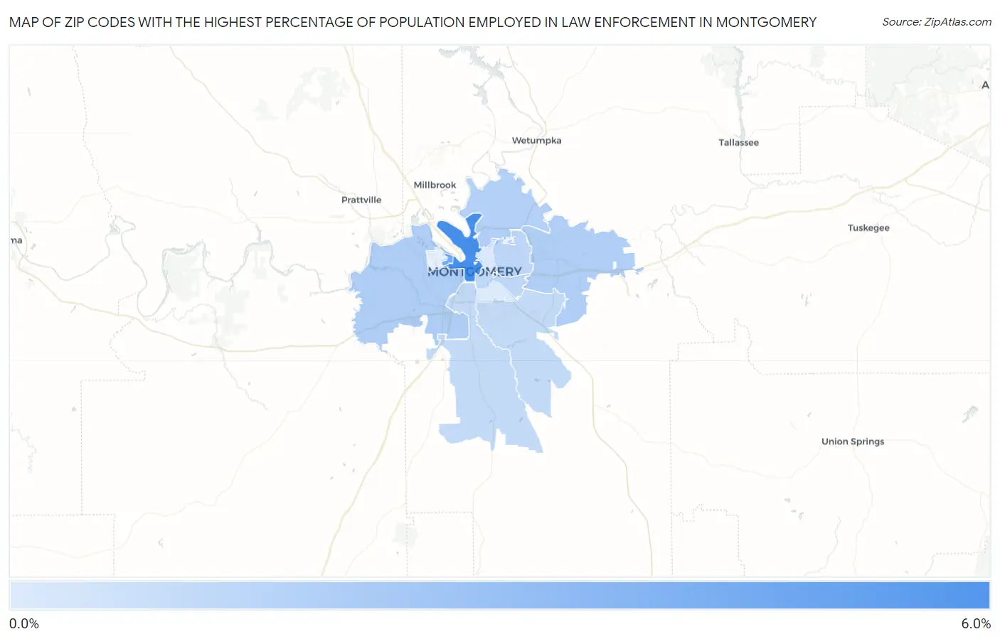 Zip Codes with the Highest Percentage of Population Employed in Law Enforcement in Montgomery Map