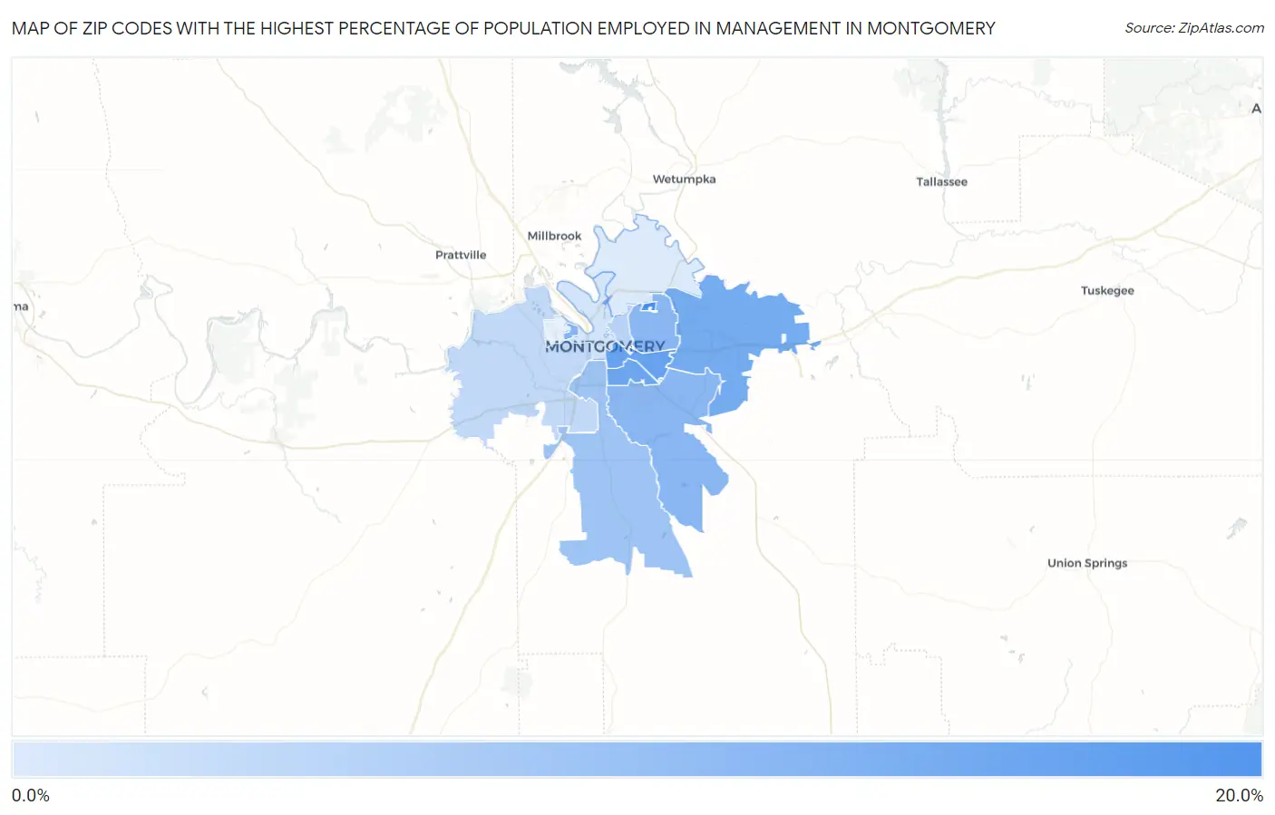 Zip Codes with the Highest Percentage of Population Employed in Management in Montgomery Map