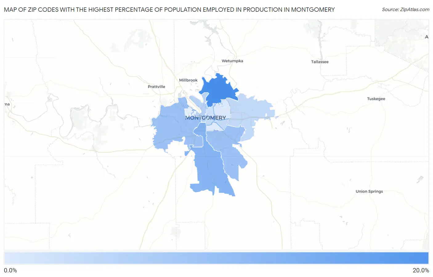 Zip Codes with the Highest Percentage of Population Employed in Production in Montgomery Map