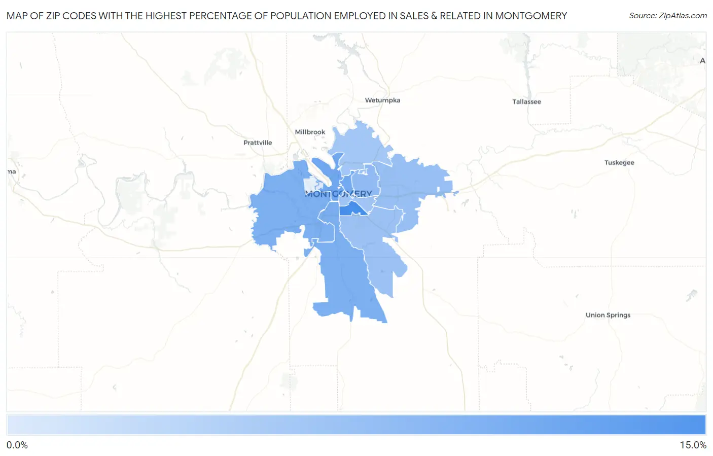 Zip Codes with the Highest Percentage of Population Employed in Sales & Related in Montgomery Map