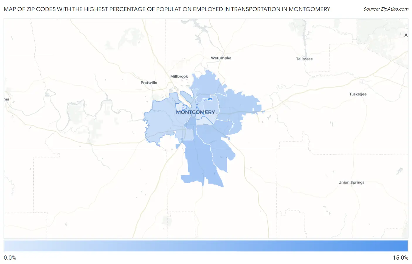 Zip Codes with the Highest Percentage of Population Employed in Transportation in Montgomery Map