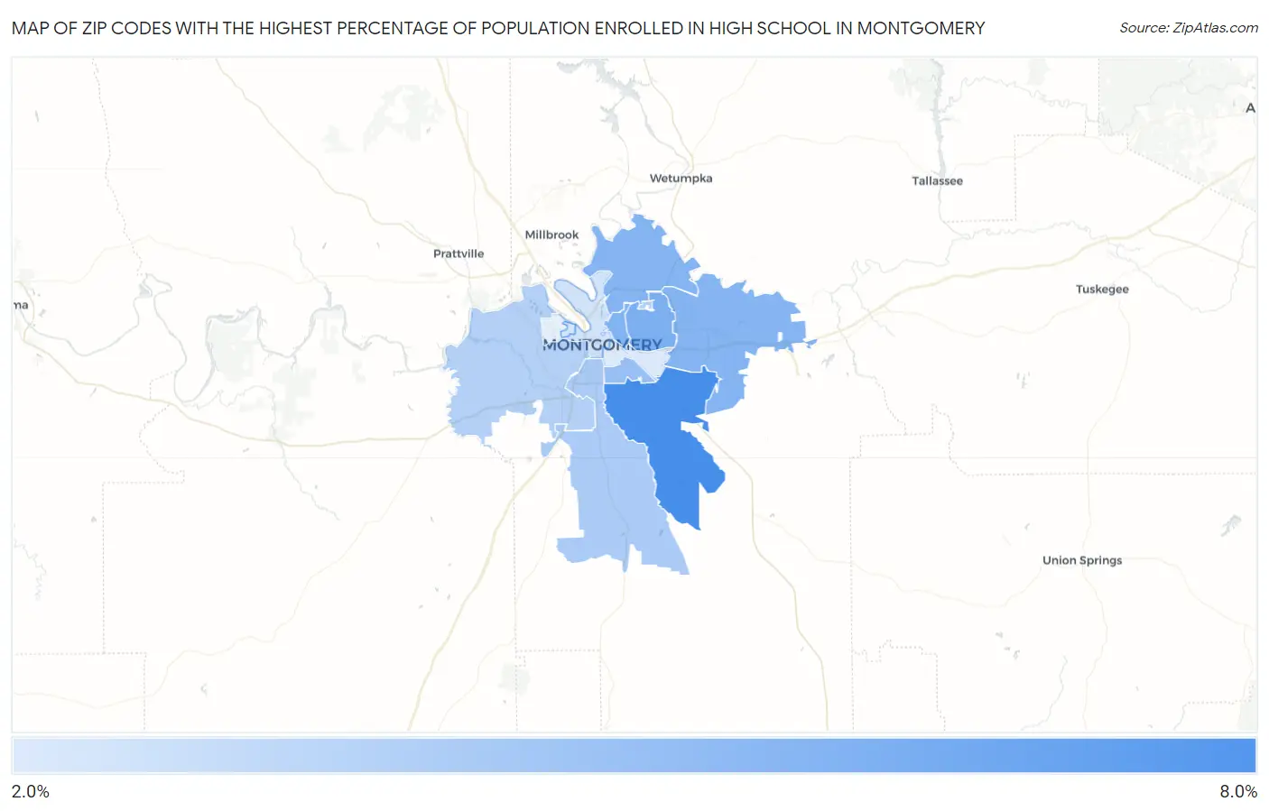 Zip Codes with the Highest Percentage of Population Enrolled in High School in Montgomery Map