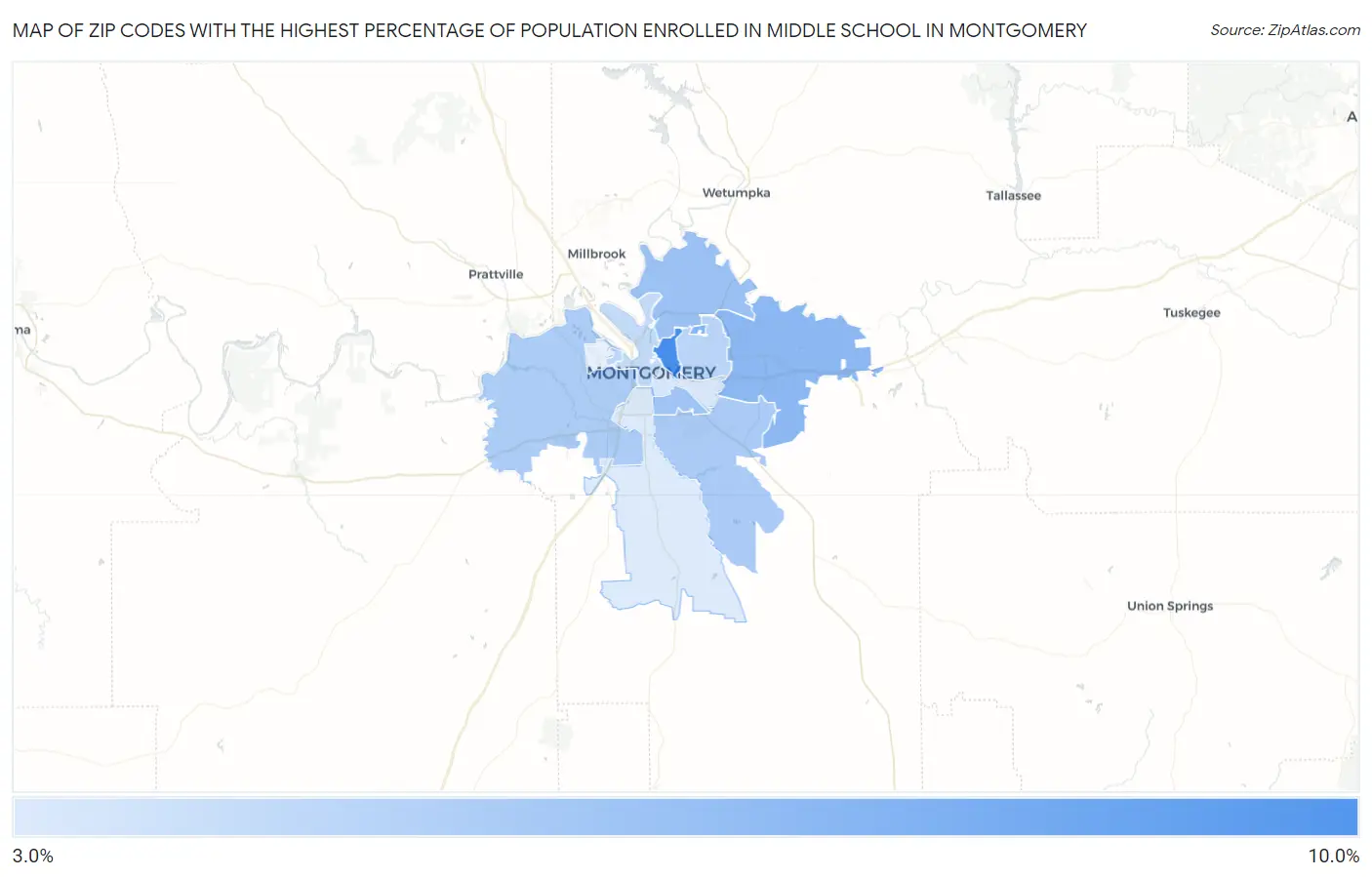 Zip Codes with the Highest Percentage of Population Enrolled in Middle School in Montgomery Map