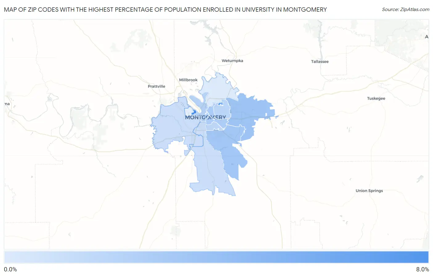 Zip Codes with the Highest Percentage of Population Enrolled in University in Montgomery Map