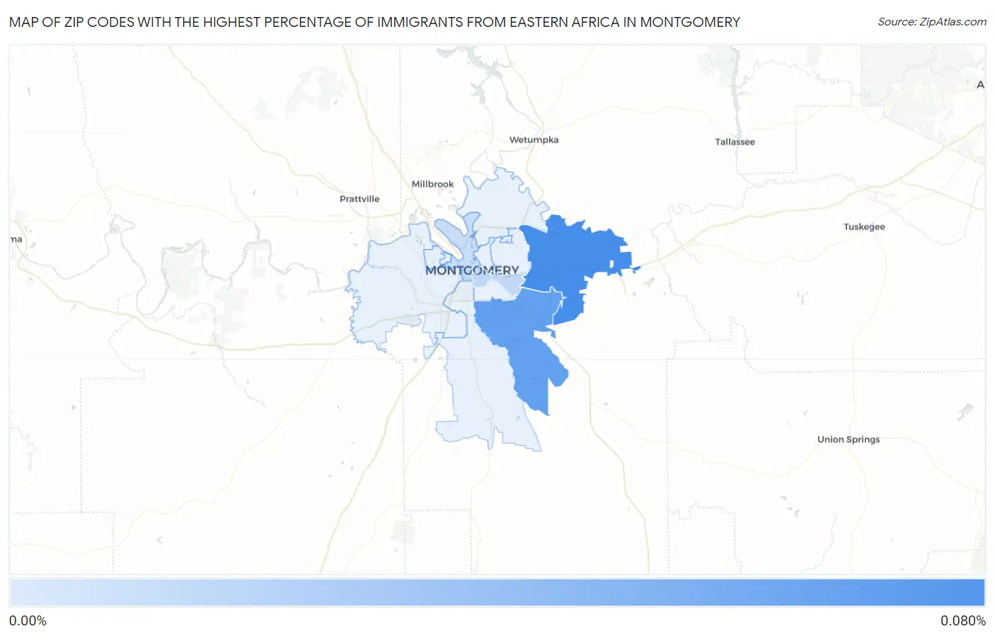 Zip Codes with the Highest Percentage of Immigrants from Eastern Africa in Montgomery Map