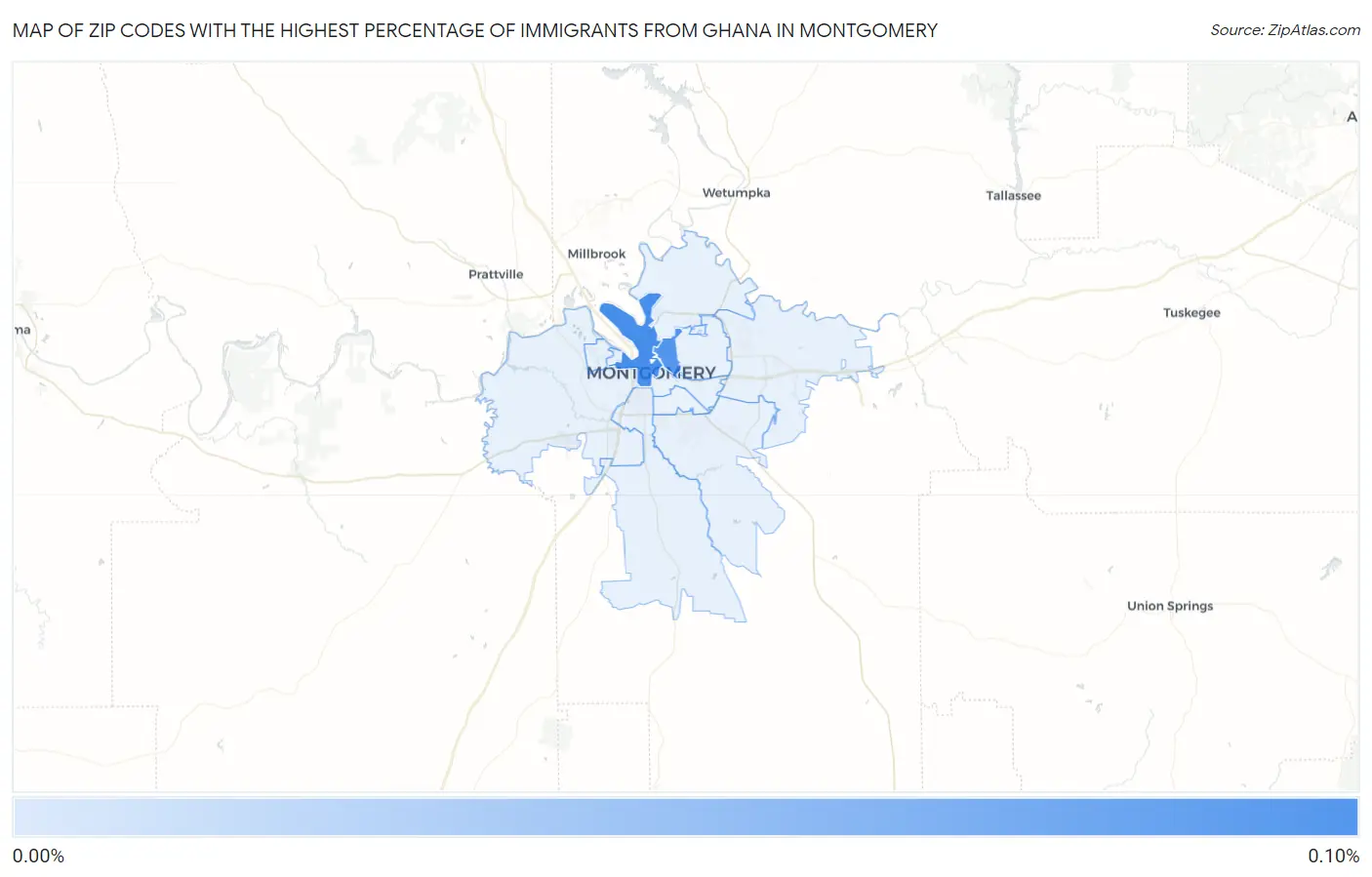 Zip Codes with the Highest Percentage of Immigrants from Ghana in Montgomery Map