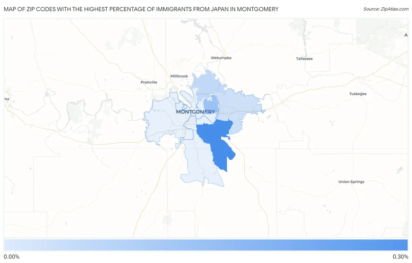 Zip Codes with the Highest Percentage of Immigrants from Japan in Montgomery Map